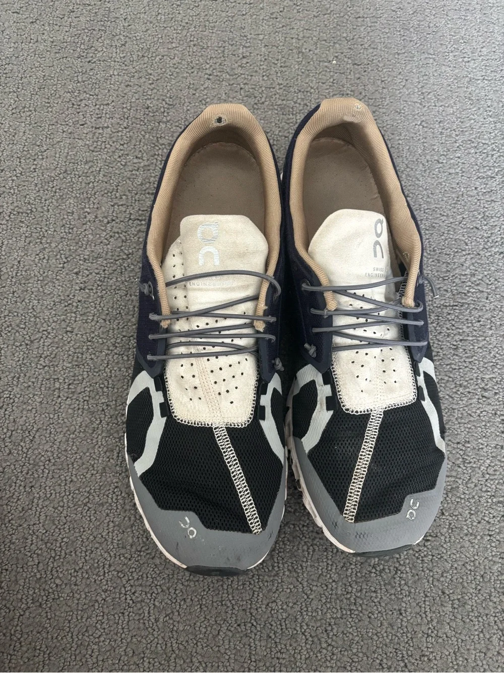 On Running Men's Athletic Shoes in Black and Cream with White Soles